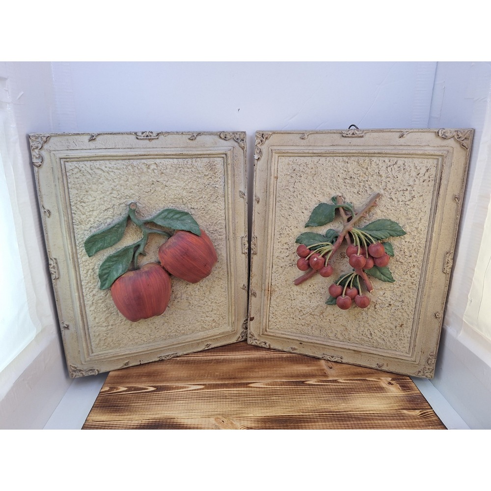 Painted 3-D Wall Decor Art Fruit Plaques Set Of 2 10" X 12"‎ Apple Cherries McM